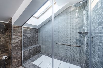 Corner Shower with Clear Glass and Modern Fixtures